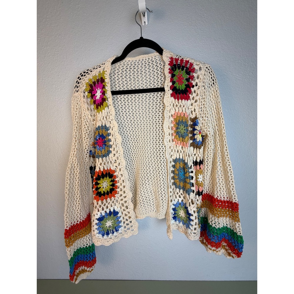 Crochet Cardigan M Cream Good Granny Square Rainbow Boho Festival 70s